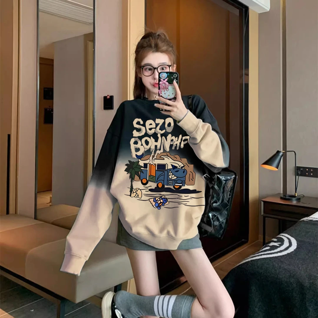 2025新款宽松套头上衣潮牌设计感加厚保暖渐变色外套卫衣女款