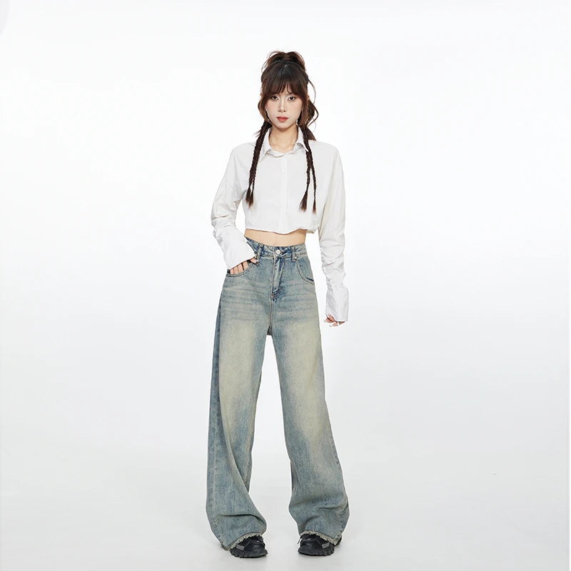 复古宽松阔腿裤水洗浅色牛仔裤毛边拖地长裤女显瘦直筒裤4667