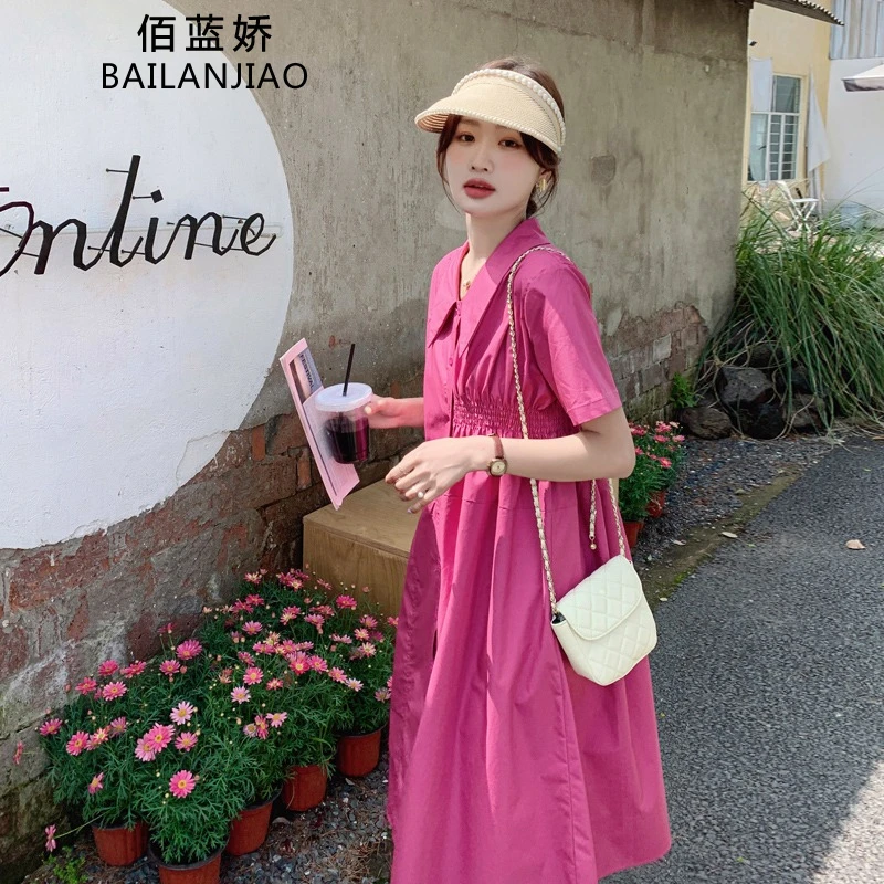 火龙果色连衣裙女夏季2025新款法式气质别致设计感抽褶显瘦衬衫裙