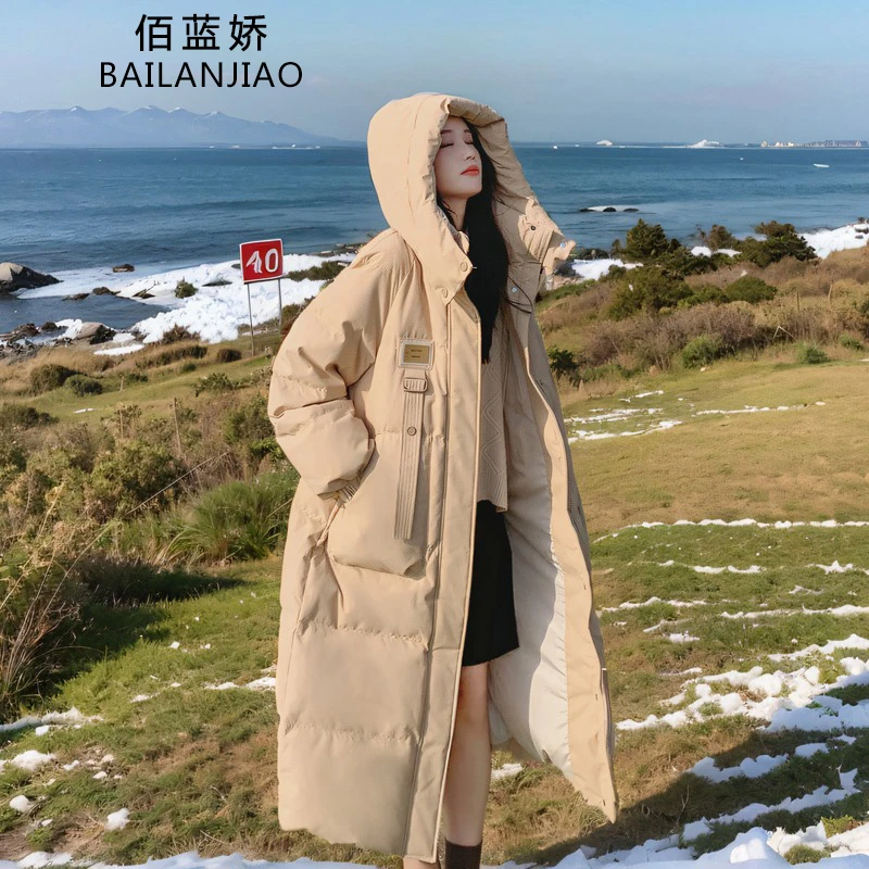 卡其色羽绒服女冬中长款2024新款韩系设计感华夫格90白鸭绒外套