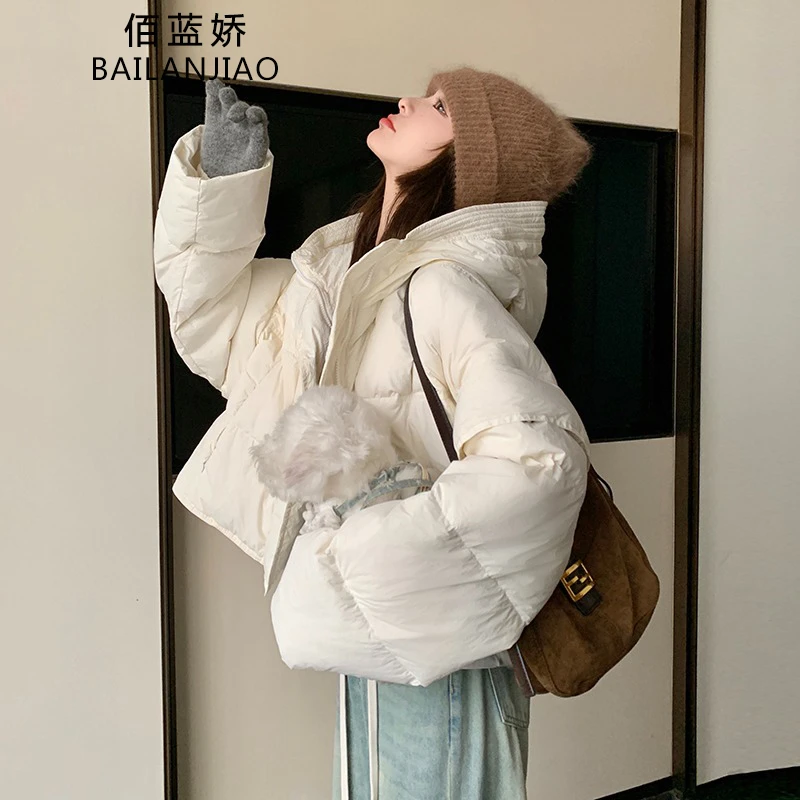 白色短款可拆卸袖子羽绒服女冬季2024年新小个子款加厚面包服外套