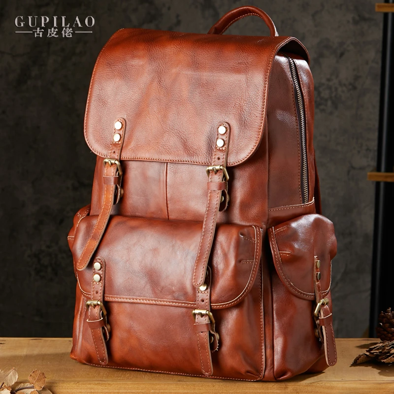 复古植鞣牛皮手工擦色男士双肩包时尚休闲大容量旅行背包电脑包潮