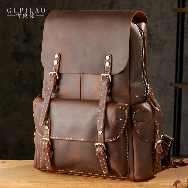 手工牛皮复古双肩包男真皮户外旅行背包男士百搭疯牛皮男包电脑包