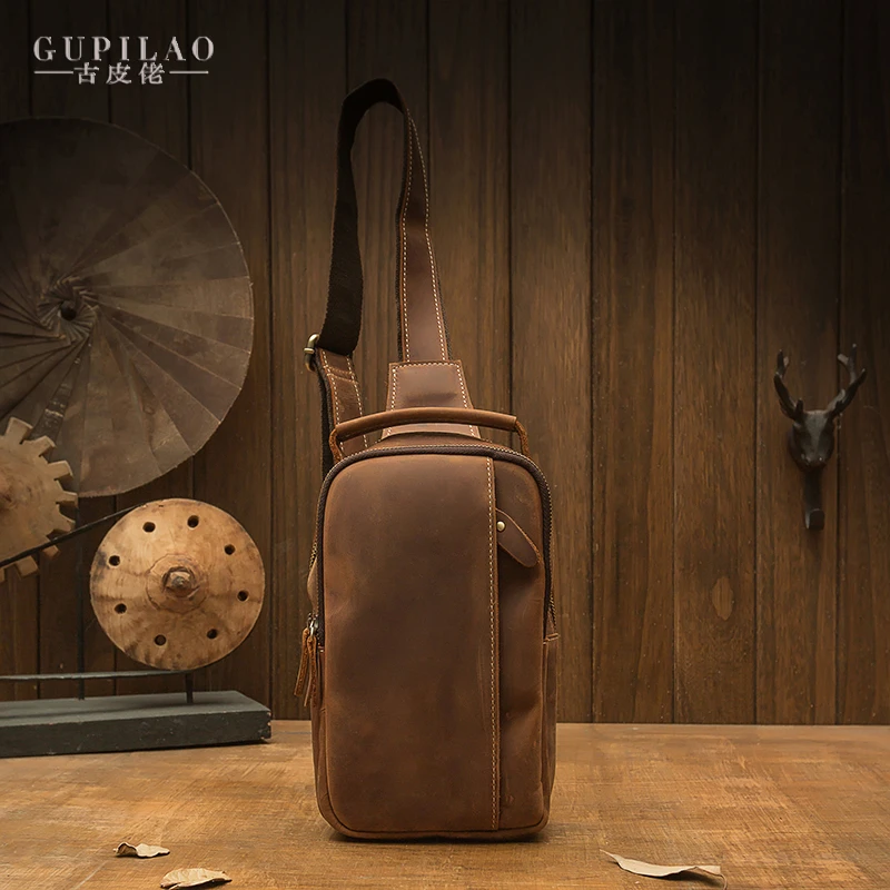 手工真皮潮流时尚胸包男士牛皮个性单肩斜挎包手机包潮牌超火男包