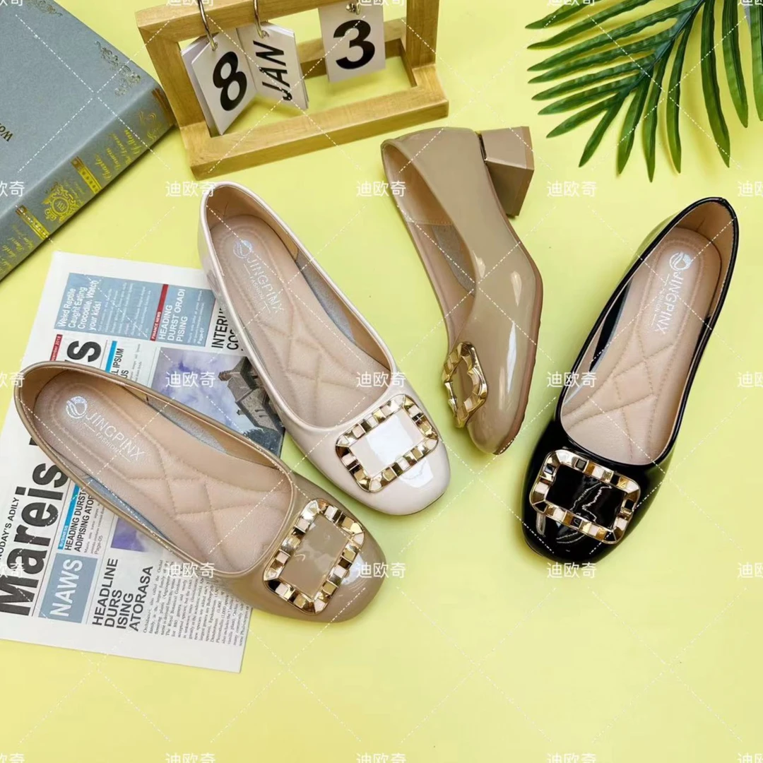 【品牌女鞋】-606粗跟浅口单鞋女金属扣中跟女鞋圆头春夏薄款百搭