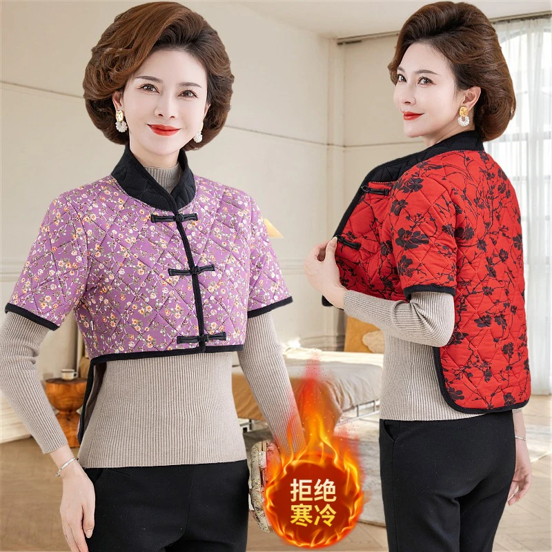 新国风中袖护腰款护肩中老年女士妈妈装加绒保暖小马甲防寒坎肩