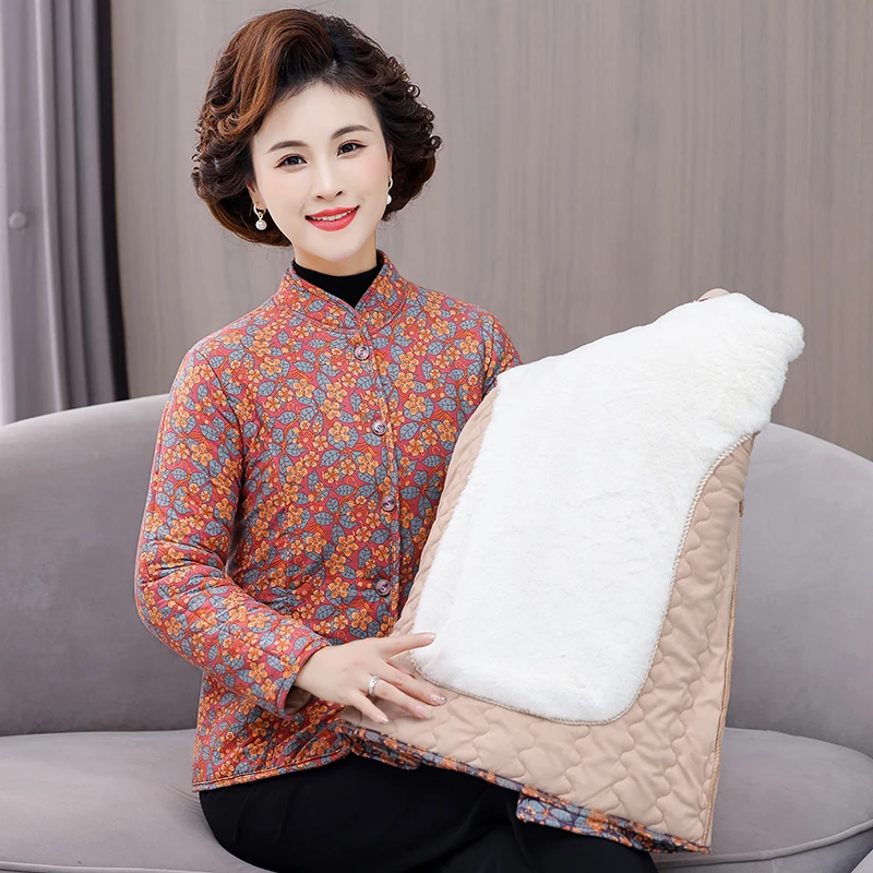 外套女装妈妈装中老年加绒加厚保暖秋冬民族风立领冬季棉衣小棉袄