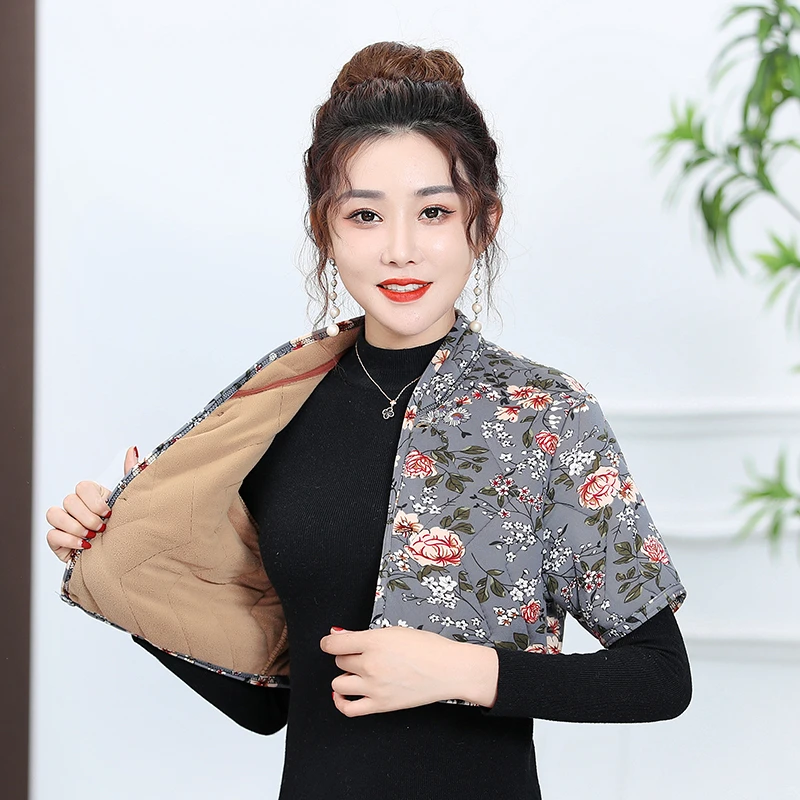中老年女装短袖护肩妈妈加绒加厚保暖坎肩秋冬老人碎花防寒小马甲