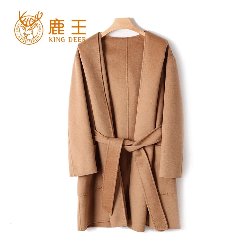 编码221611 鹿王23秋冬新款女连帽100山羊绒双面呢大衣