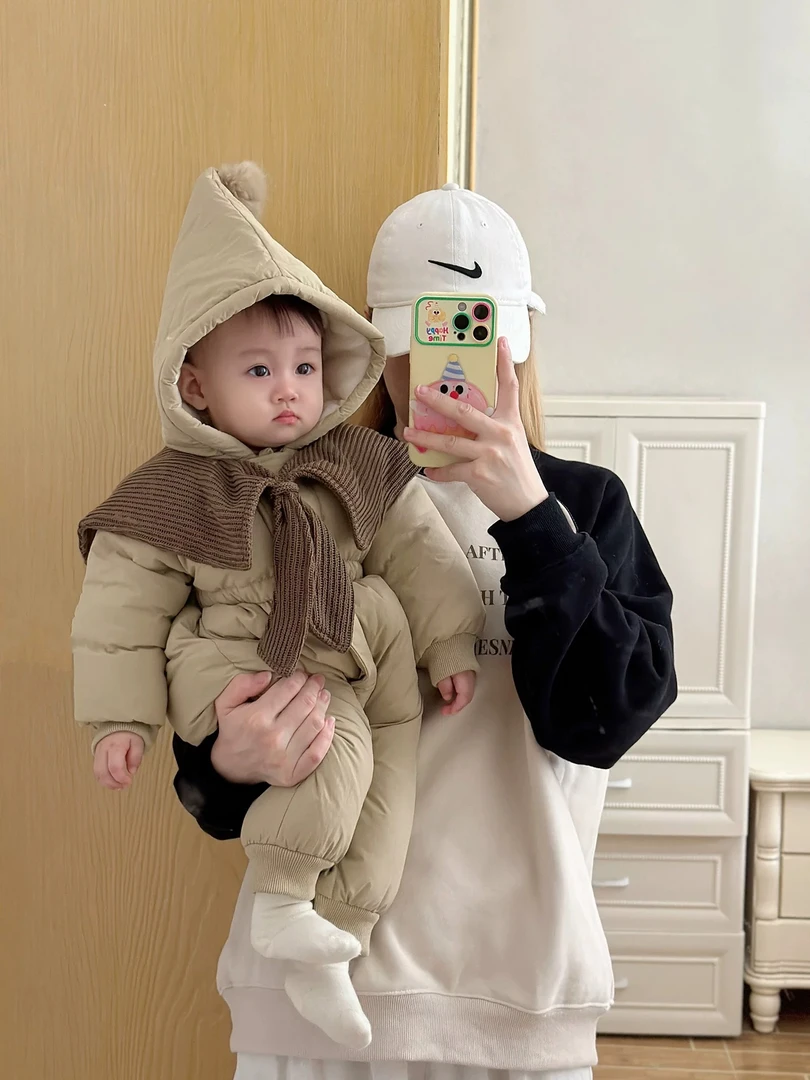 2025新款婴幼儿男女宝宝连体衣超萌加绒夹棉连帽哈衣冬季外出棉服