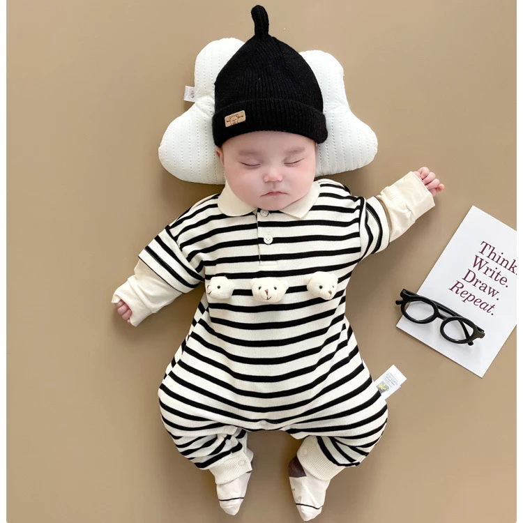 婴儿长袖连体衣春秋外出哈衣条纹连体男女宝宝新生儿爬服连体衣