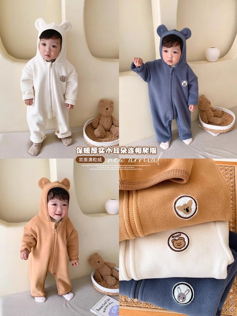 2025婴幼儿春秋加绒外出保暖爬服宝宝双面澳粒绒小耳朵连帽连体衣