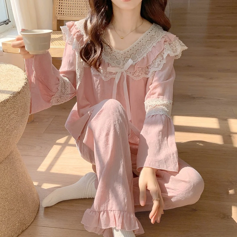 纯棉套头大码女套装春秋季全棉甜美可爱公主风家居服长袖舒适外穿