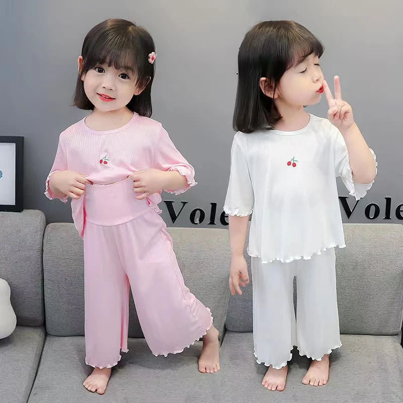 女童短袖睡衣套装夏季女孩七分袖家居服儿童款睡衣冰感空调服套装