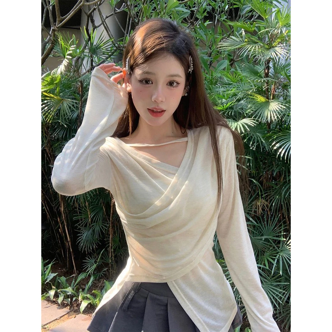 气质v领长袖T恤女装夏季不规则空调衫薄款防晒罩衫中长款开叉上衣
