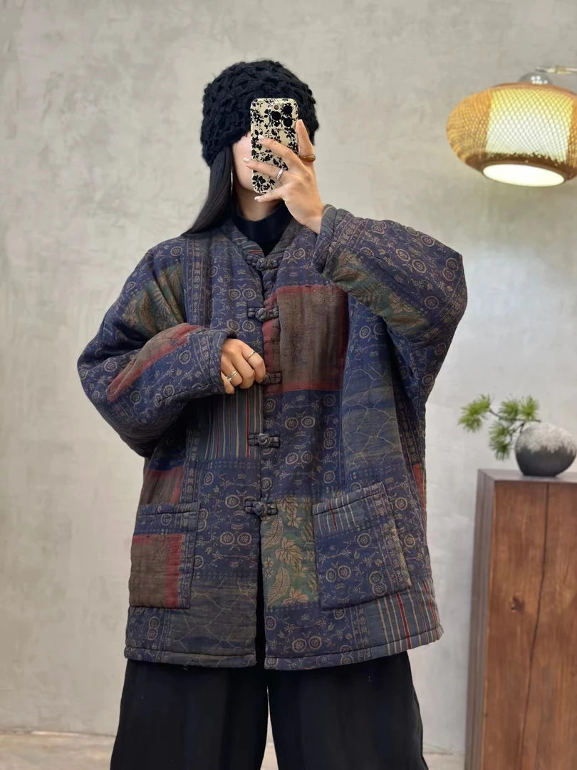 冬季复古棉衣盘扣国风棉衣中长款立领加厚宽松中式棉衣复古棉袄