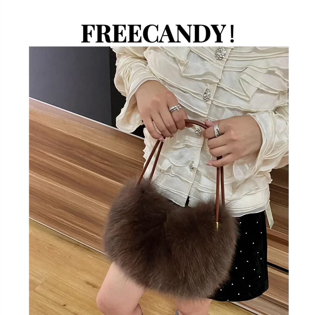 FREECANDY原创手拎单肩腋下狐狸毛轻奢高级小众枕头毛毛秋冬包包