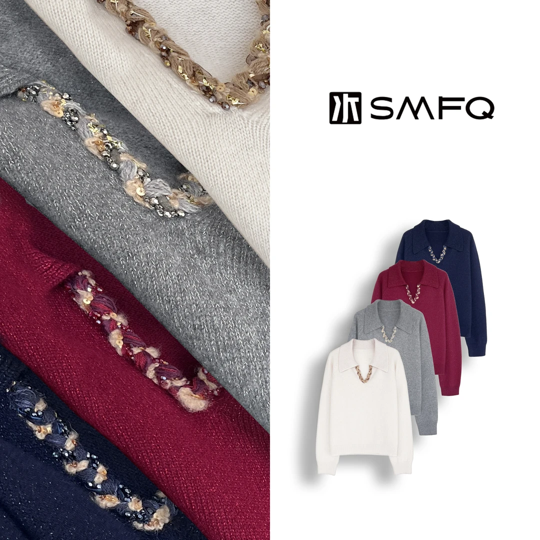 水木夫妻"鎏金岁月"澳洲100%绵羊毛手工闪钻V领针织衫毛衣