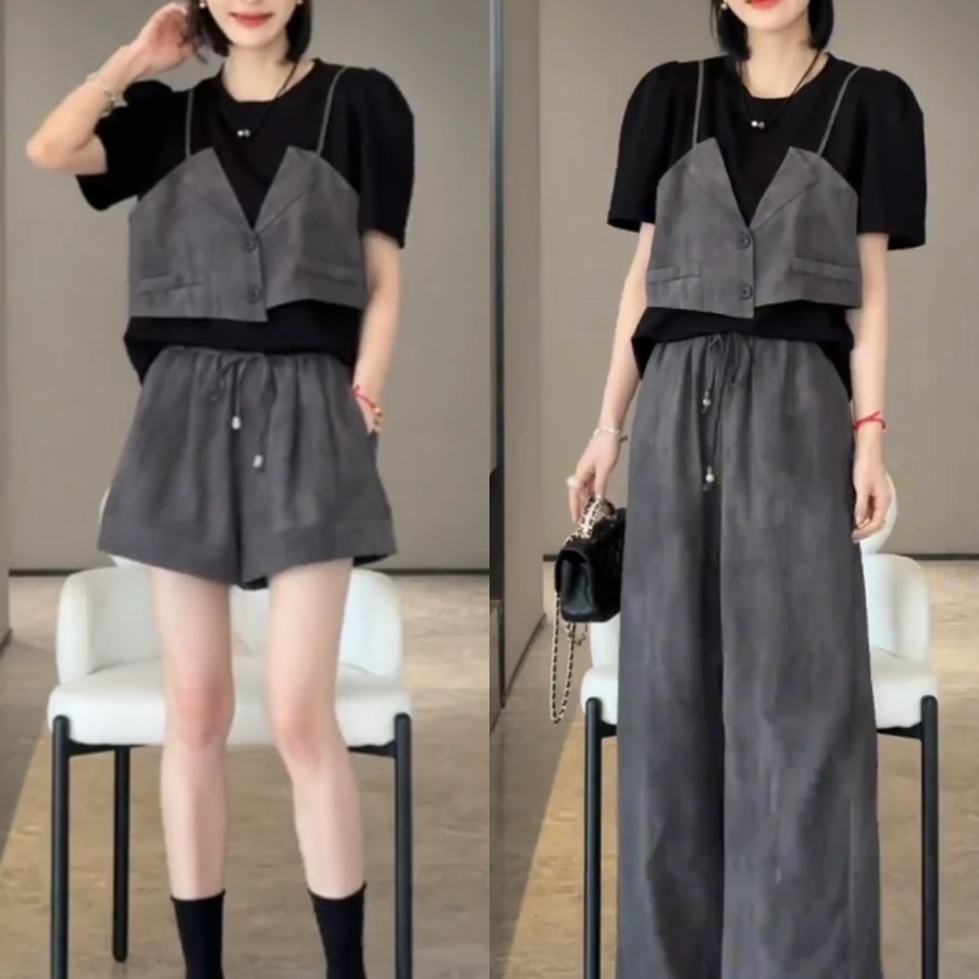 大码女装时尚休闲套装夏季新款洋气百搭宽松上衣高腰阔腿裤两件套