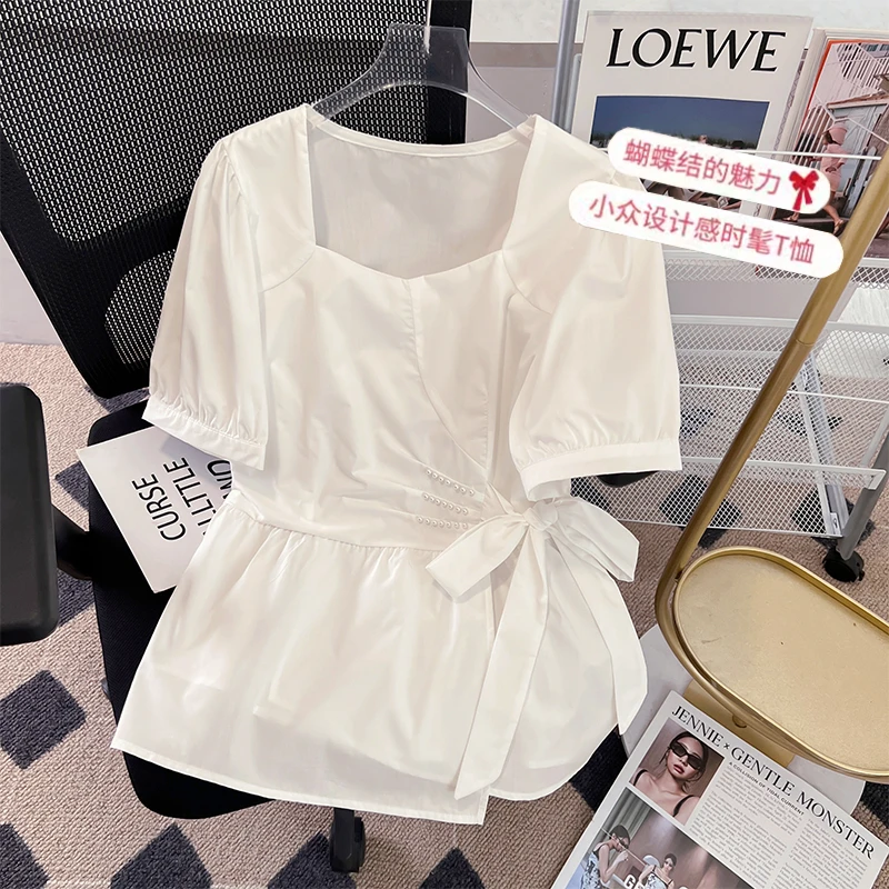 大码不规则法式衬衫女夏季新款小众收腰上衣时尚洋气遮肉显瘦衬衣