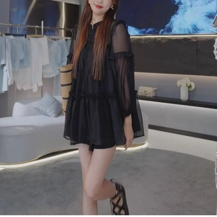 大码女装夏季新款韩版气质遮肚薄款防晒上衣高腰显瘦阔腿短裤套装