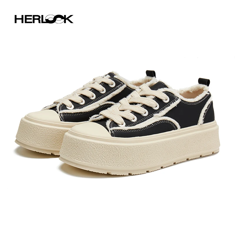 HERLOOK·面包糠厚底毛边板鞋女百搭低帮休闲时尚真皮小白鞋