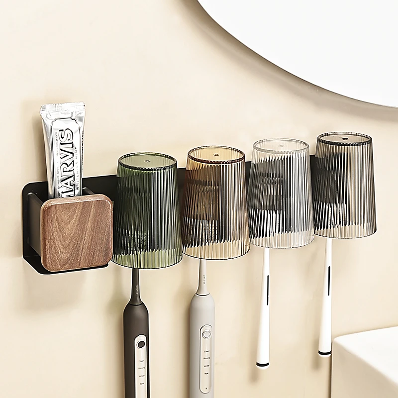 尊慕斯胡桃木电动牙刷杯架壁挂式免打孔浴室厕所墙上漱口杯置物架