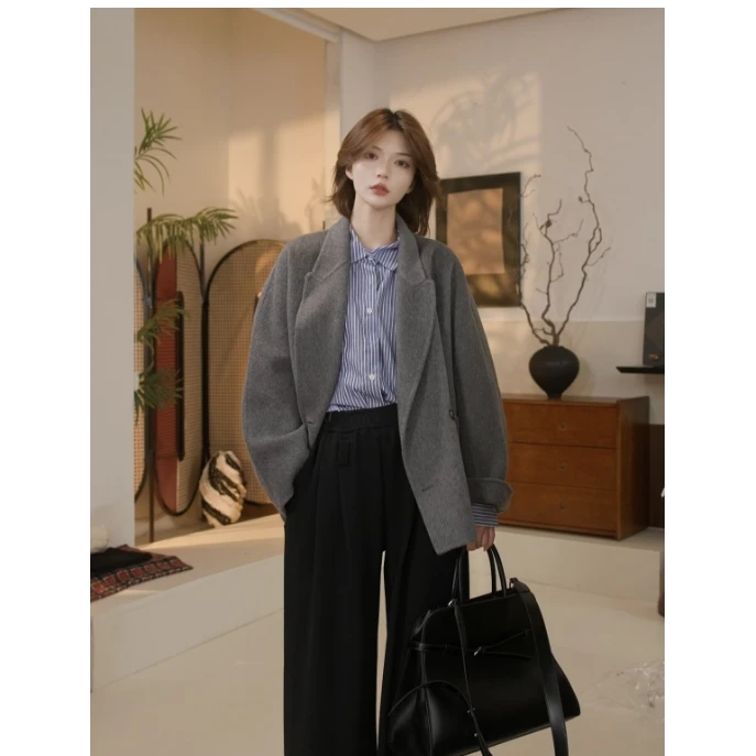 24002短款百搭女装羊毛大衣春秋气质小个子设计感休闲宽松韩版