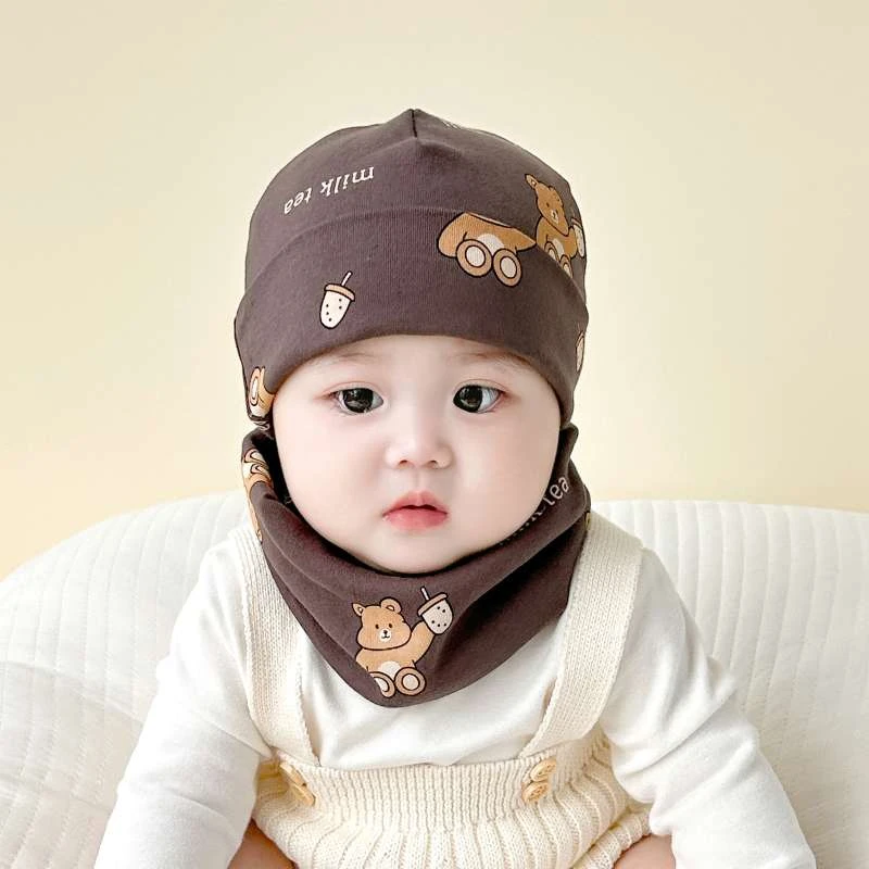 婴儿帽子纯棉保暖新生儿男女童宝宝秋冬季帽子围脖两件套加厚帽子