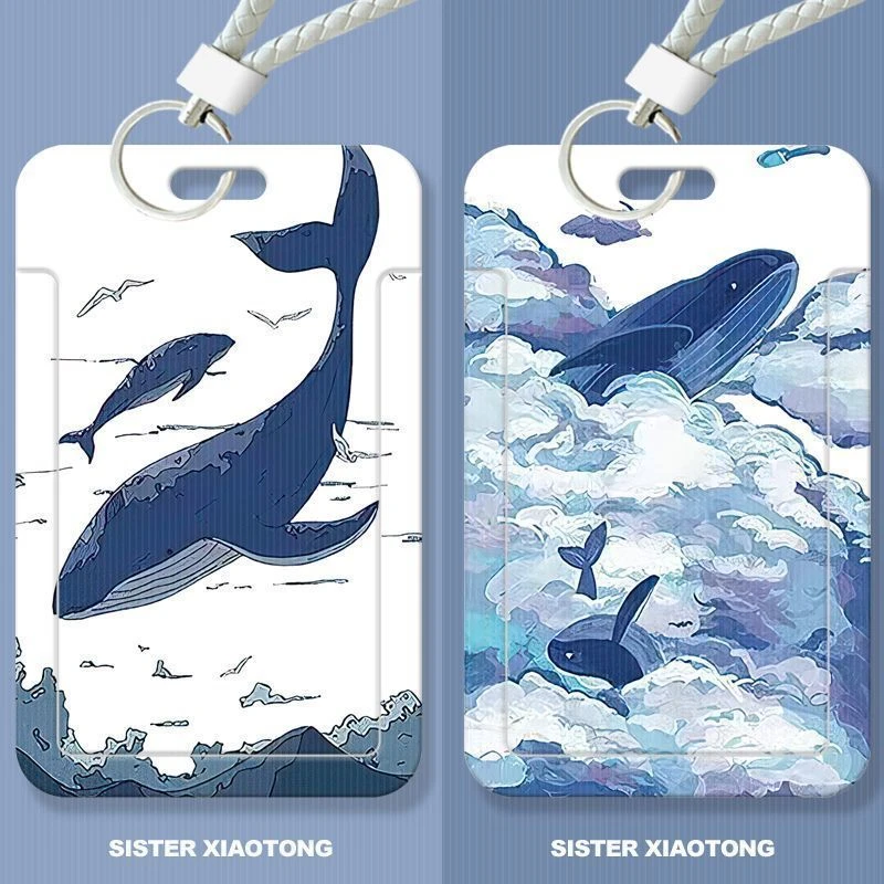 大海鲸鱼简约学生滑盖卡套饭卡公交身份证件保护套门禁卡收纳挂脖