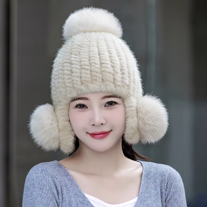 新款护耳毛球水貂帽子女冬天皮草狐狸毛球貂皮护耳防风加厚貂毛帽