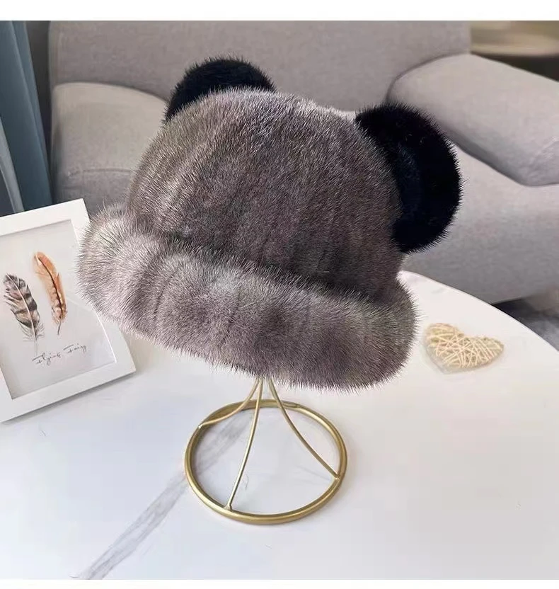 貂皮圈礼帽猫儿帽女冬季水貂毛皮草貂真皮女帽貂绒保暖冬天渔夫帽