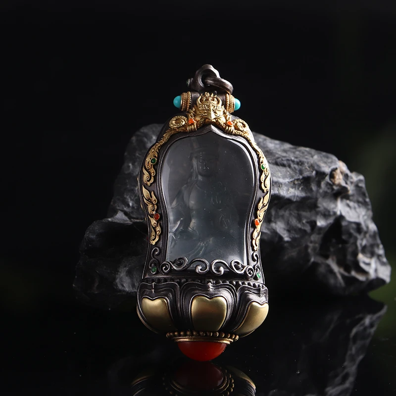 名玉艺术 天然缅甸翡翠 冰种观音吊坠 925银镶嵌挂件 设计款