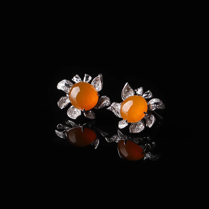 名玉艺术 天然缅甸翡翠 冰种 黄翡 太阳花耳饰 18K金镶嵌翡翠耳钉