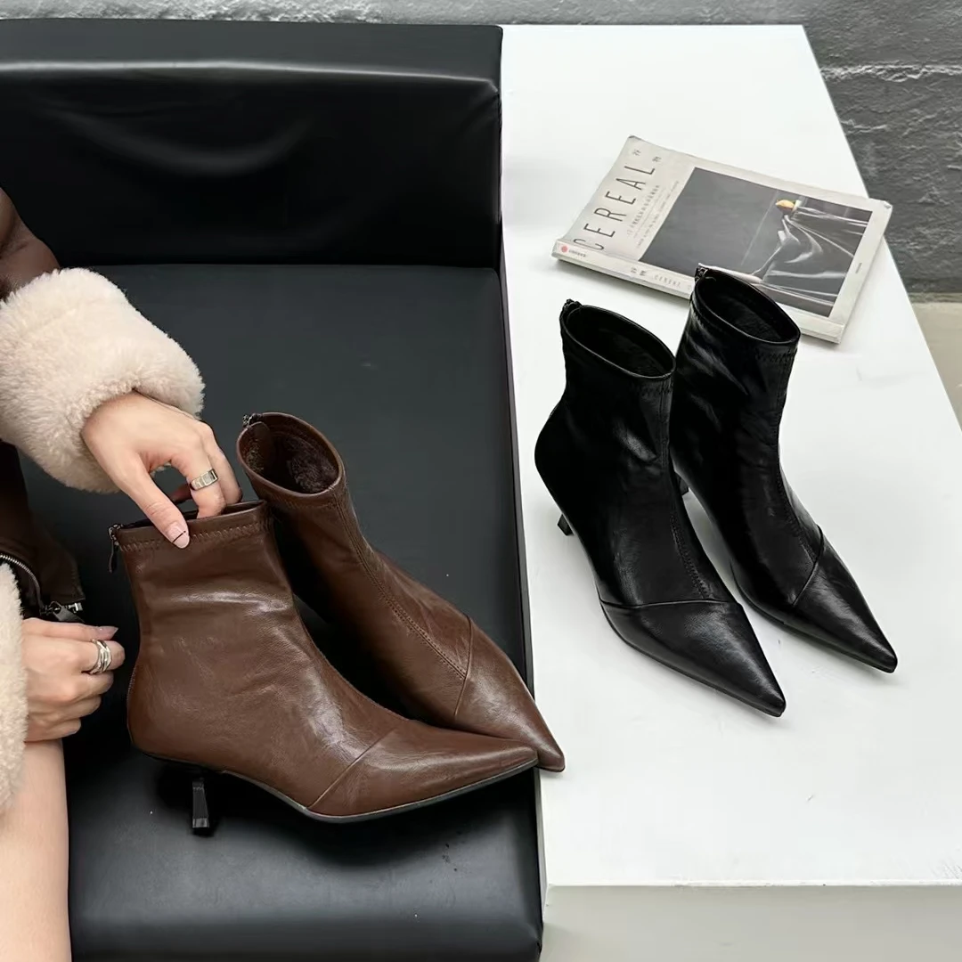 小众设计软皮尖头黑色细跟加绒短靴女靴后拉链裸靴百搭舒适瘦瘦靴