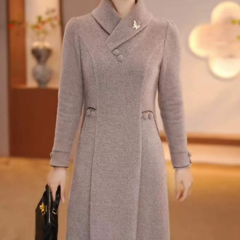 DRZ绒面加厚秋冬新款长袖洋气改良旗袍妈妈装连衣裙