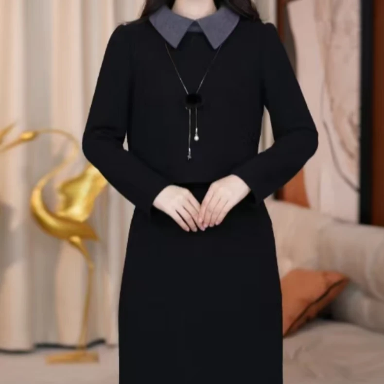 XM【送顶链】连衣裙小香风显瘦气质时尚黑色秋冬长袖轻奢女神法式