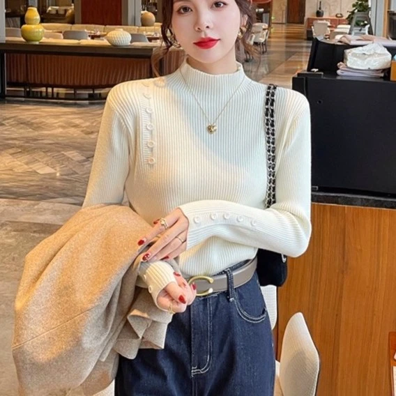 加厚毛衣半高领针织衫女上衣2023秋冬长袖高级内搭打底衫女装新款