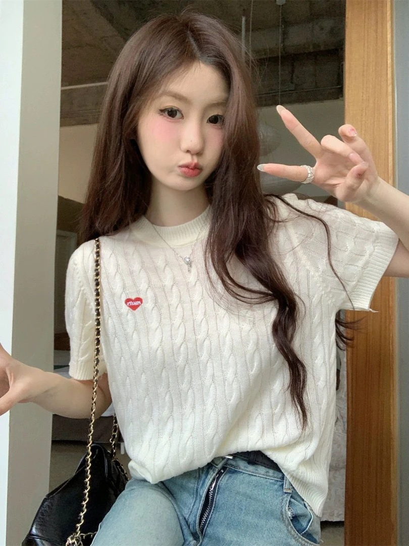 花倾慕短袖针织衫女2025春季爱心老钱风麻花毛衣打底衫圆领上衣