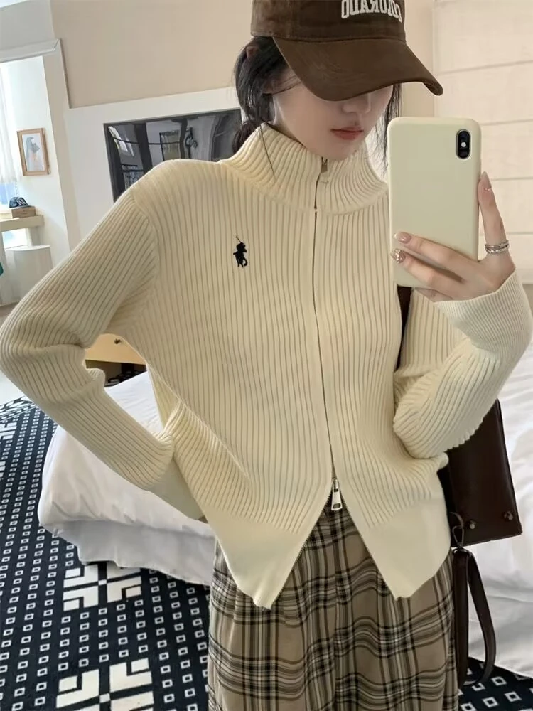 花倾慕高领双拉链刺绣毛衣女开衫宽松上衣女外套长袖针织衫3113