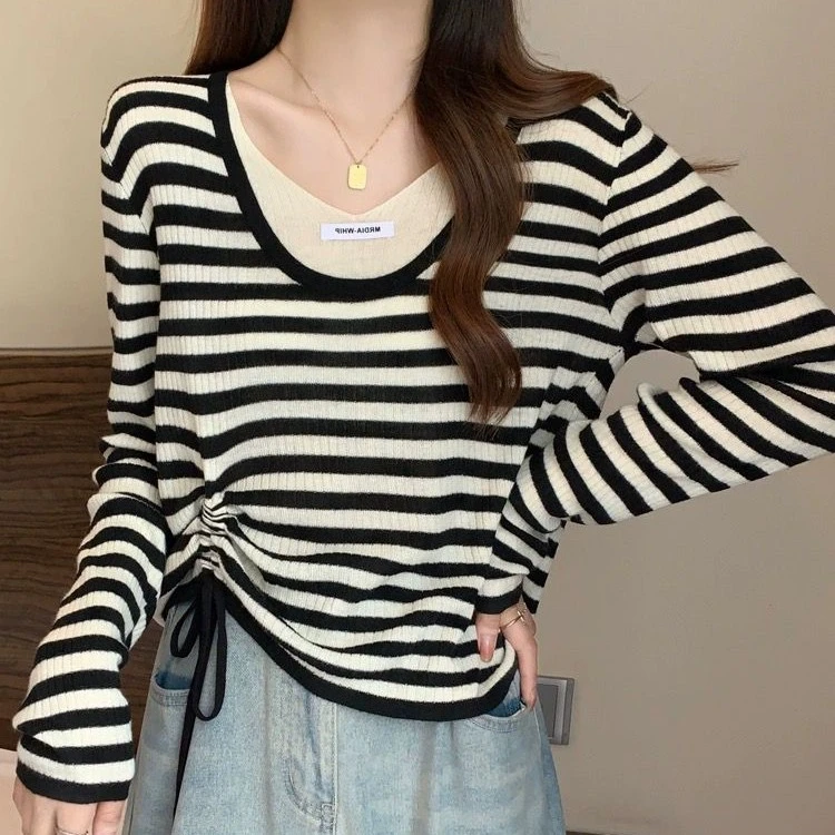 秋冬新款条纹针织衫女长袖设计感抽绳褶皱百搭宽松上衣假两件毛衣