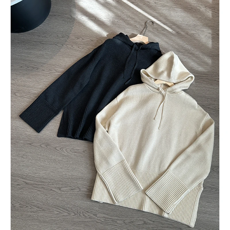 KIM 北欧小众设计师 TT连帽抽绳毛衣女宽松百搭简约针织上衣秋冬