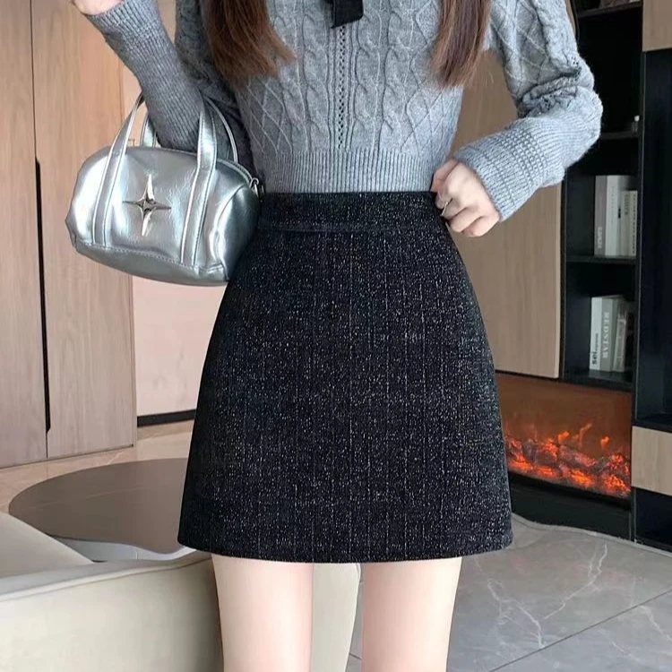 「星光繁尘」秋冬韩版显瘦百搭小香风A字包臀裙亮丝星空短裙半身裙