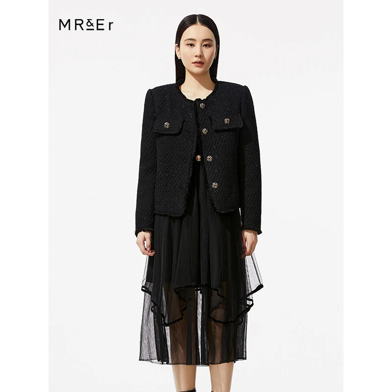 【品牌折扣】【反季清仓】连衣裙气质针织方领长袖拼接小黑裙R3D91732