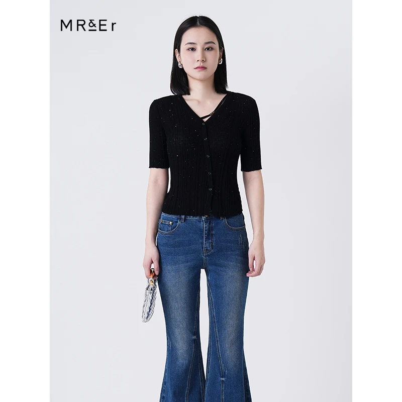 【小余专属】【福利清仓】简约V领100%羊毛修身短袖针织衫R4A54113