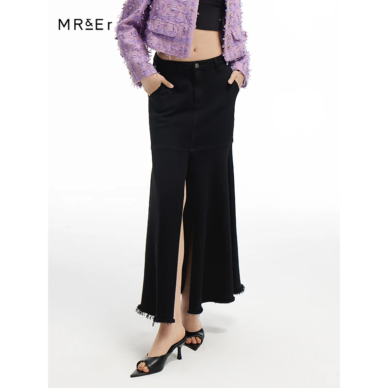 【小余专属】简约复古下摆开叉鱼尾裙黑色中长款半身裙R4A63133