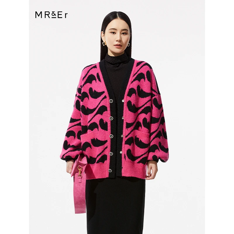 【品牌折扣】【反季清仓】气质V领波浪提花设计针织开衫外套R3D55362