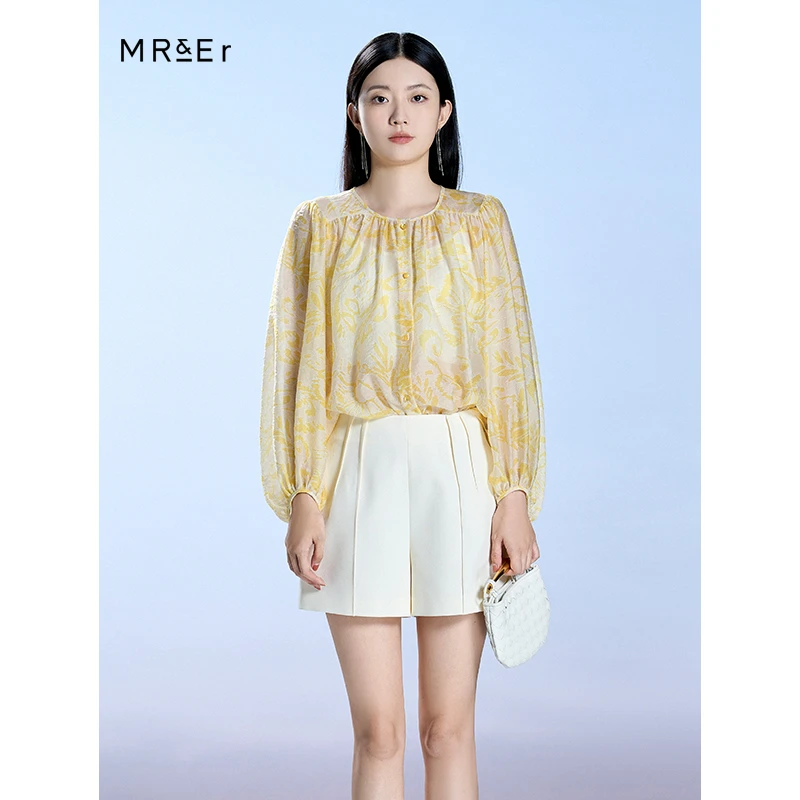 春季新款法式高端绝美遮肚雪纺印花衬衫R4A21164