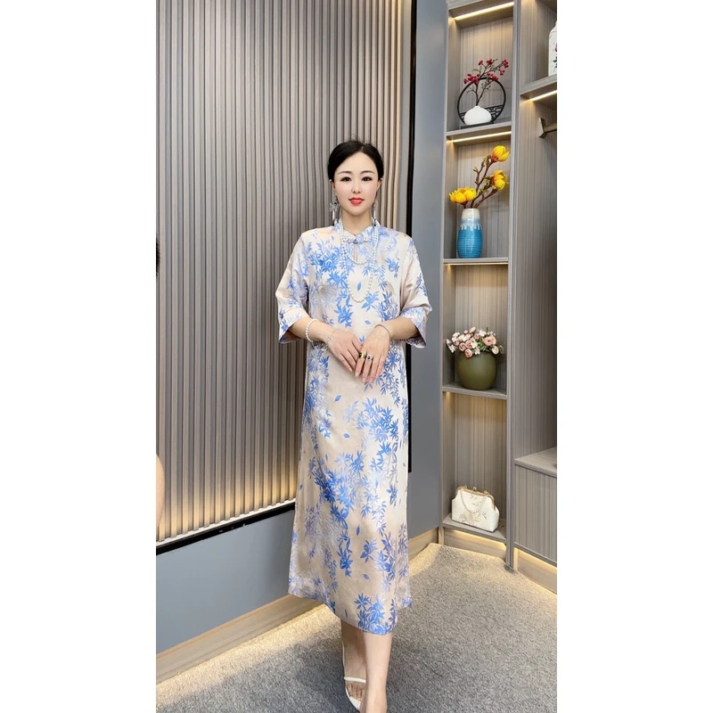兰竹YJ6150妈妈装新中式国风盘扣优雅气质复古遮肉连衣裙