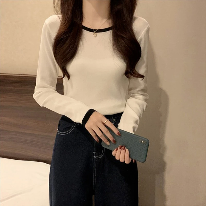 婳娇纯色t恤百搭秋季新款别致撞色款深灰打底体恤衫2025年上衣潮